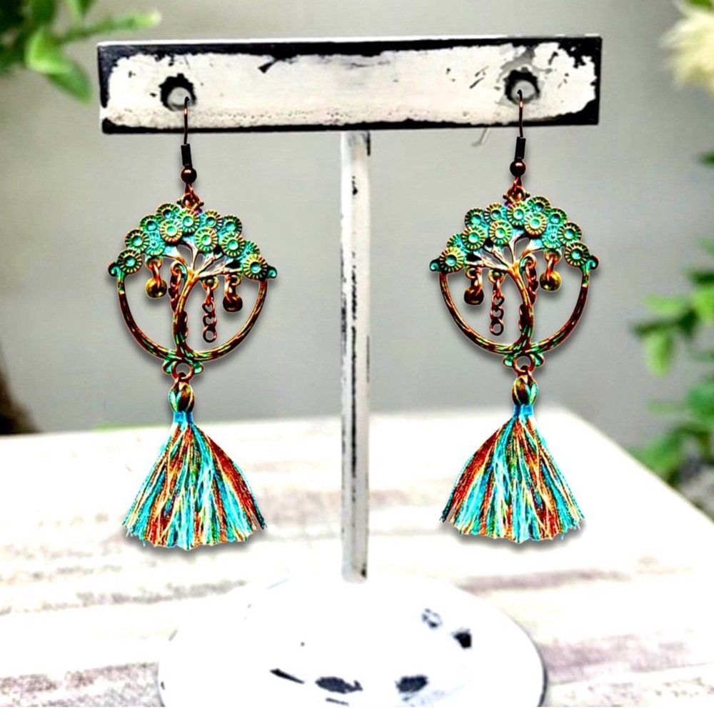 Bronze Copper Metal Turquoise Patina Tree of Life Beaded Tassel Dangle Earrings